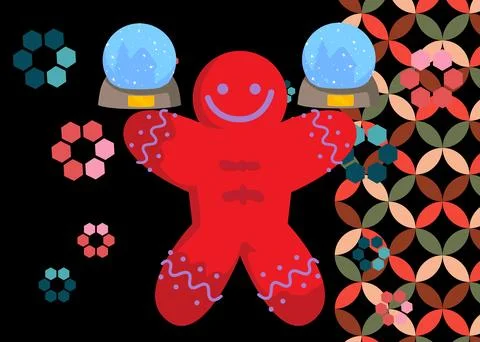 Retro 70s Background with Snow Globe and Gingerbread Man Christmas Cookie. .. Stock Illustration