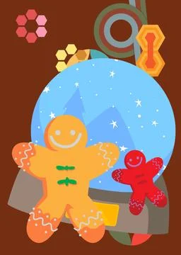 Retro 70s Background with Snow Globe and Gingerbread Man Christmas Cookie. .. Stock Illustration