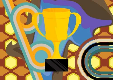 Retro 70s Background with Trophy Cup. Groovy Championship 1970s art templat.. Stock Illustration
