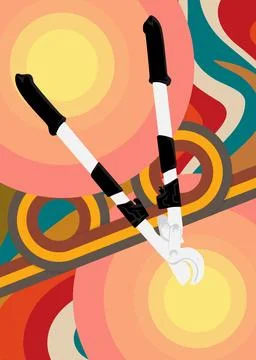 Retro 70s Background with Wire cutter. Groovy Heavy Duty Large Cable Cutter.. Stock Illustration