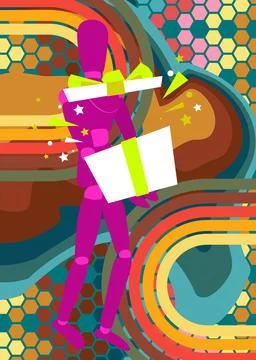 Retro 70s Background with wooden puppet holding gift box. Groovy Holiday 19.. Stock Illustration