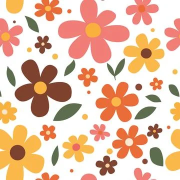 Retro 70s Floral Seamless Pattern with Bold Daisy Flowers Flat Design Stock Illustration