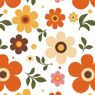 Retro 70s Floral Seamless Pattern with Large Daisy Flowers Warm Neutral Palet Stock Illustration