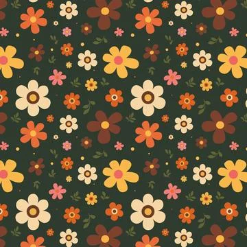 Retro 70s Floral Seamless Pattern with Bold Daisy Flowers Dark Background Stock Illustration