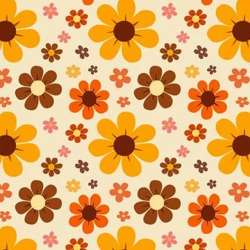 Retro 70s Floral Seamless Pattern with Daisy Flowers on Cream Background Stock Illustration