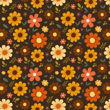 Retro 70s Floral Seamless Pattern with Daisy Flowers in Warm Earth Tone on .. Stock Illustration