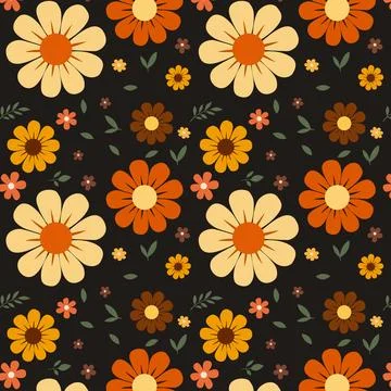 Retro 70s Floral Seamless Pattern with Large Daisy Flowers on Dark Background Stock Illustration