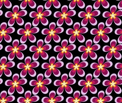 Retro 70s floral seamless pattern background with purple flowers on black Stock Illustration