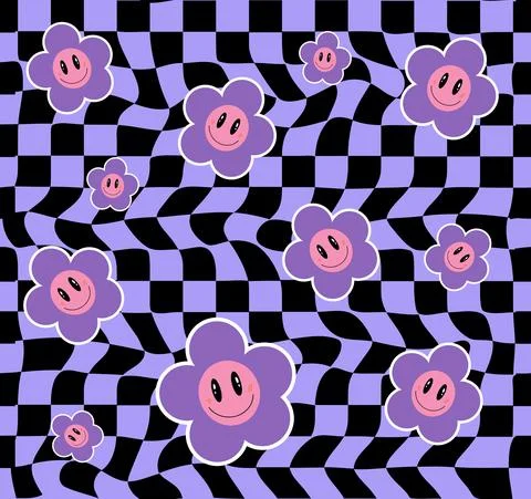 Retro 70s flowers with distorted checkered seamless pattern background for girl Stock Illustration