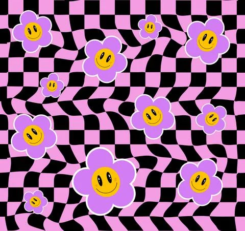 Retro 70s flowers with distorted checkered seamless pattern background for girl Stockillustratie