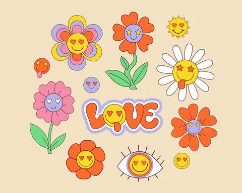 Retro 70s groovy elements, cute funky hippy stickers. Cartoon daisy flowers,  Stock Illustration