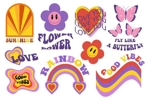 Retro 70s, hippie sticker objects set, psychedelic trippy groovy elements for t Stock Illustration