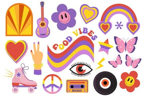 Retro 70s, hippie sticker objects set, psychedelic trippy groovy elements for t Stock Illustration