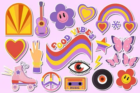 Retro 70s, hippie sticker objects set, psychedelic trippy groovy elements for t Stock Illustration