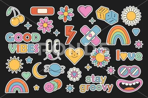 Retro 70s hippie psychedelic groovy elements set. Hand drawn funky