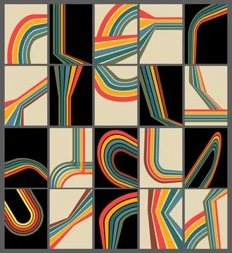 Retro 70s Lines Backgrounds Set. Trendy Minimalistic Vintage 1970s striped .. Stock Illustration