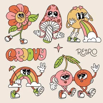 Retro 70s psychedelic characters set. Cartoon funky groovy hippie mascots - Stock Illustration