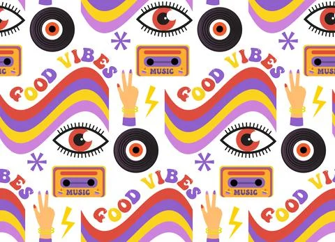 Retro 70s psychedelic seamless patterns, groovy hippie backgrounds. Cartoon Stock Illustration