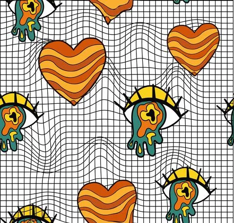 Retro 70s Seamless pattern for Valentine's Day. Hand drawn Hearts with big eyes Stock Illustration