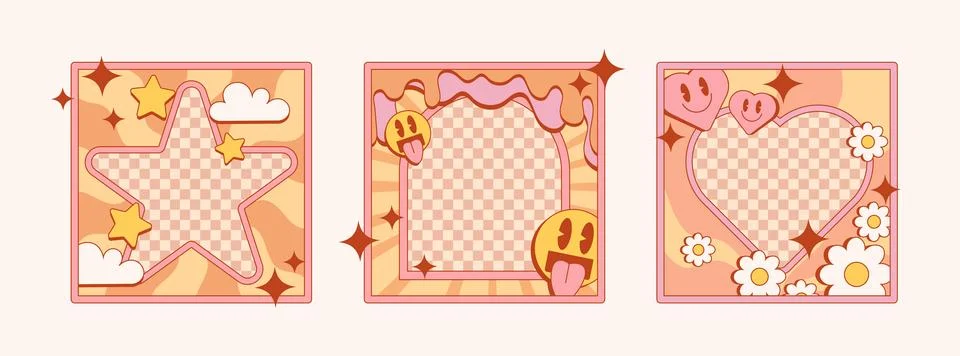 Retro 70s style groovy frames set 스톡 일러스트