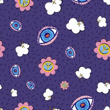 Retro 70s style vector repeat pattern design on purple background Stock Illustration