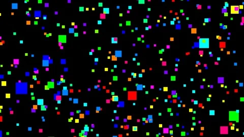 Retro 8-bit animation of multicolored pixel confetti squares on black Stock Footage 335984480