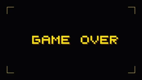Retro 8 bit Game Over yellow pixelated text on black background with arcade Video stock 345800102