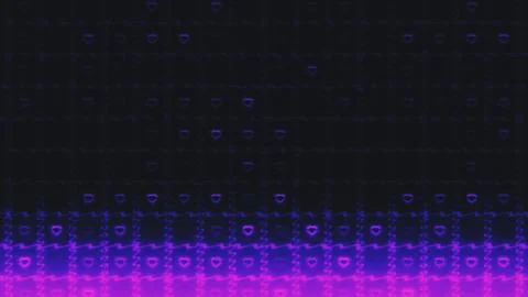 Retro 8-bit glitch purple falling neon hearts background Stock Illustration