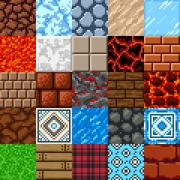 Retro 8 bit pixel art game surface patterns set Illustrazione stock