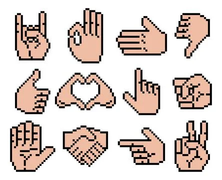 Retro 8 bit Pixel Art Hands Icon Set Stock Illustration
