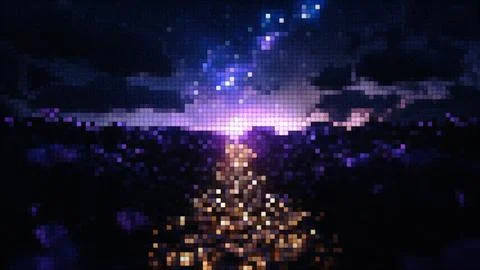Retro 8-bit pixel art night landscape with glowing starry sky Stock Illustration