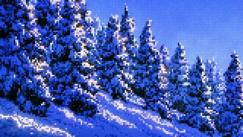 Retro 8-bit pixel art snowy winter forest mountain landscape Stock Illustration