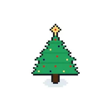 Retro 8-bit pixel decorated Christmas tree icon in vintage game style. Stock Illustration