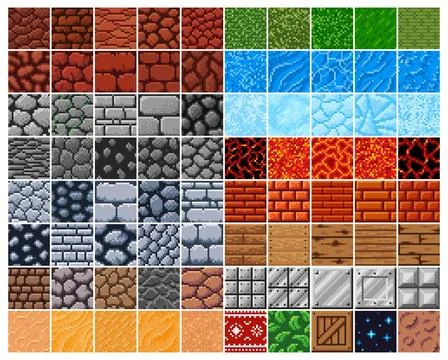 Retro 8 bit pixel surface patterns, stone, bricks Stock Illustration