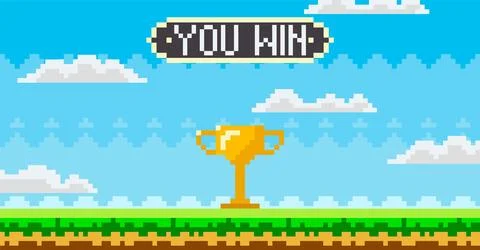 Retro 8-bit Style You Win Screen with Golden Trophy and Pixelated Sky Stock Illustration