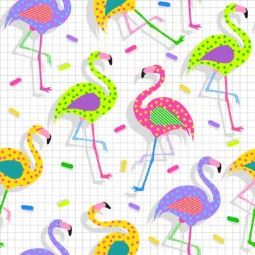 Retro 80s flamingo pattern background Stock Illustration