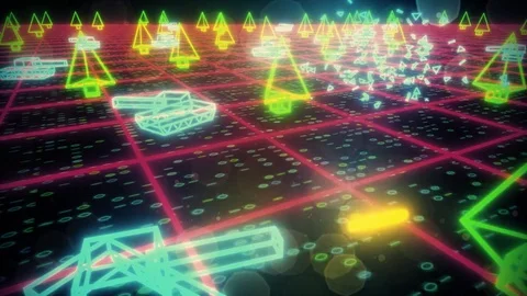 Retro 80s game tanks VHS tape video war battle vector arcade tron wireframe 4k Stock Footage