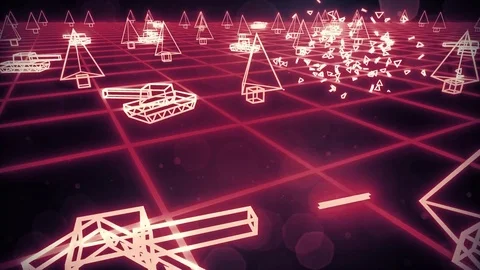Retro 80s game tanks VHS tape video war battle vector arcade tron wireframe 4k Stock Footage