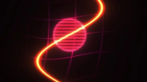 Retro 80s Neon Circle with Glowing Light Trail on a Purple Grid Motion Loop Stock Footage 343763440