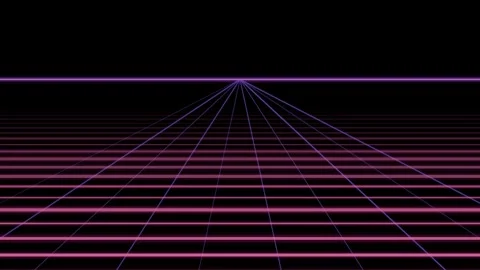 Retro 80s neon glowing perspective grid lines moving forward on black backg.. Vídeo Stock 346092429