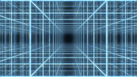 Retro 80s Neon Light Wireframe Grid Cube Array Synthwave 3D Tunnel Stock Footage
