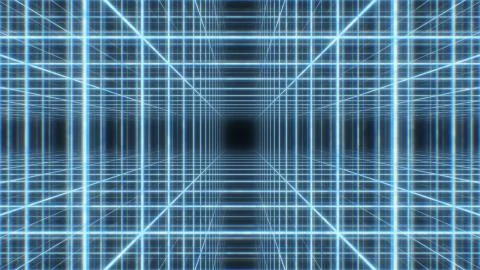 Retro 80s Neon Light Wireframe Grid Cube Array Synthwave 3D Tunnel Ilustração Stock