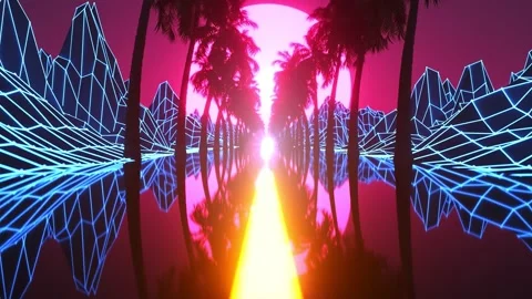 Retro 80's road scene with mountains and palm trees. Stock Footage 161824982