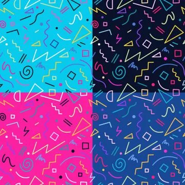 Retro 80s seamless pattern background set Stock Illustration