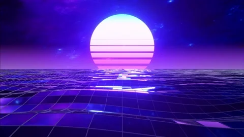 Retro 80s style. Fly endlessly over the digital ocean. Dolphins are jumping over Stock Footage 157833979