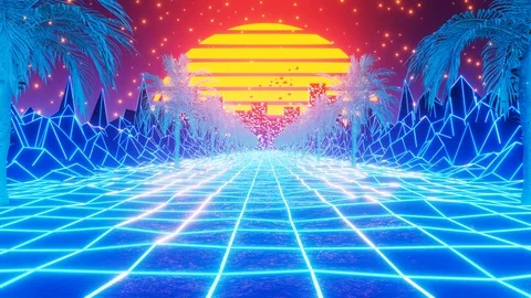Retro 80s style synthwave sunrise with palm trees in perfect loop Stock Footage 128224698