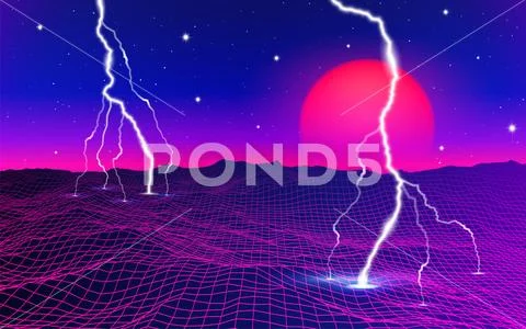 Retro 80s styled futuristic landscape with neon sun or moon and lightning in Stock Illustrationen