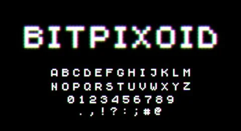 Retro 80s styled typeface with neon glow. Pixel video game 8bit font. Set of イラスト素材