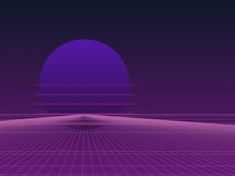 Retro 80s Synthwave Aesthetic Background with Purple Sun and Magenta Wirefr.. Stock Illustration