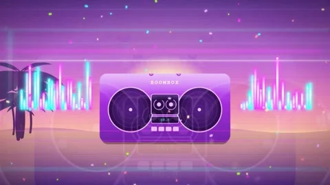 Retro 80s Synthwave Animation with Boombox and Neon Audio Visualizer on Stock Footage 343858299